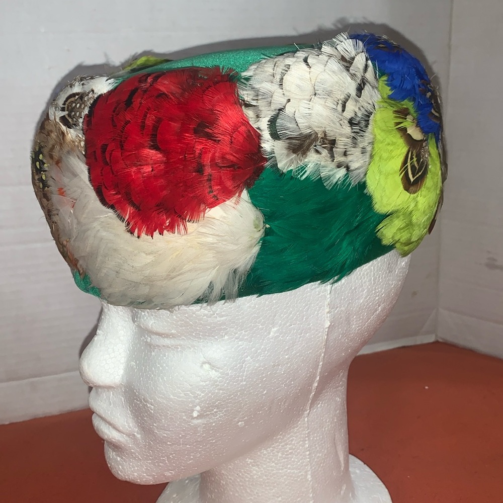 Vintage One of a Kind Green Multi Colored Feather Montaldo’s Rivera Hat